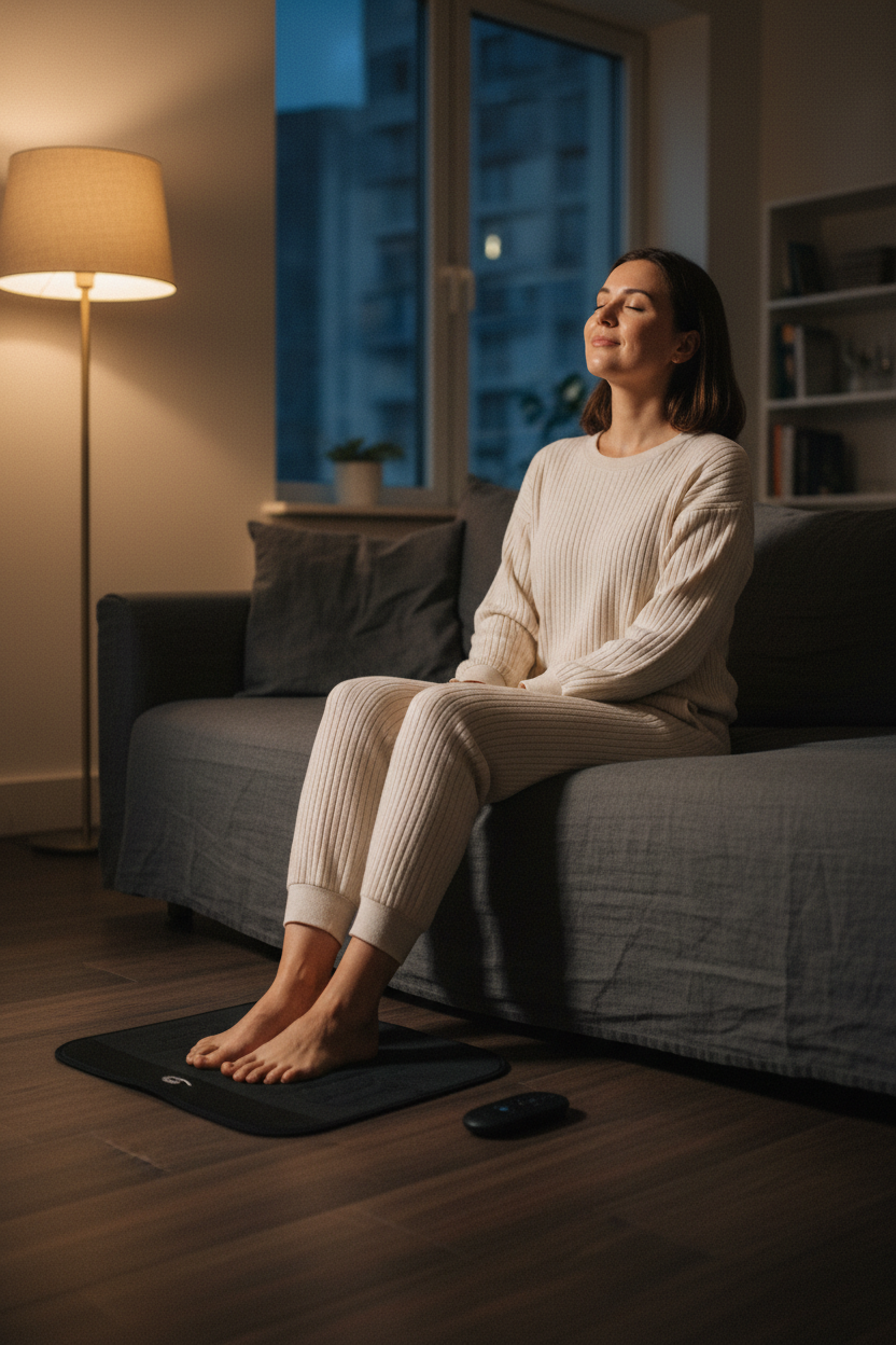 Woman relaxing with EMS foot massager mat